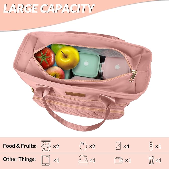 Large Women's Lunch Bags - Insulated, Durable Nylon Thermal Lunch Tote with Storage Pocket, 13"L x 6.3"W x 11.3"H, Pink