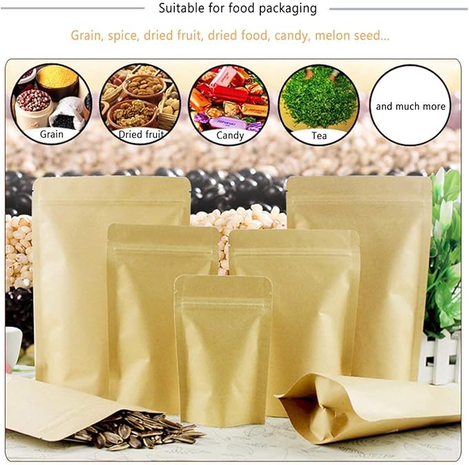 SumDirect Kraft Stand Up Pouches - 50 Pack 5x7 Inch Zipper Food Storage Reusable Bags with Foil Lined for Home or Business (Brown)