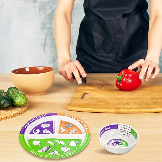 6 Pcs Bariatric Portion Control Set with 3 Bariatric Plates 3 Portion Control Bowls and Stainless Steel Flatwares for Adults Diet Balanced Eating Weight Loss Serving Plans(Simple)
