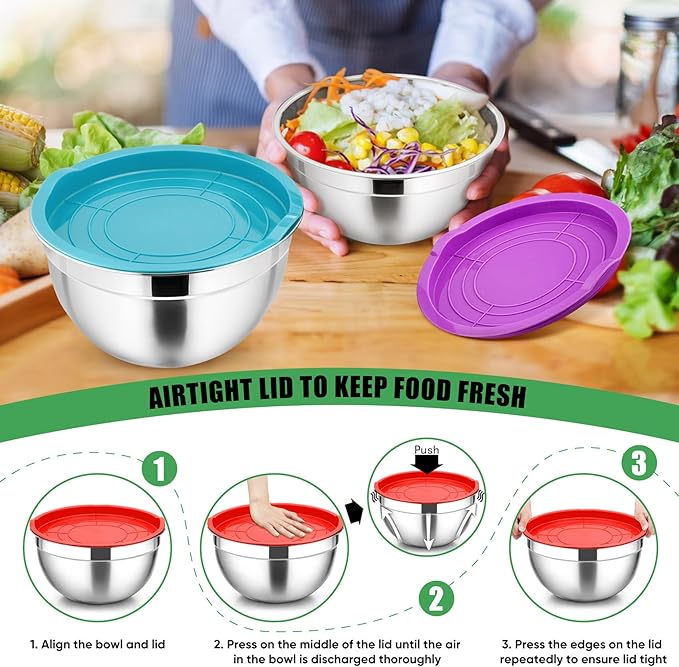 P&P CHEF Mixing Bowl with Lid Set of 5, 10-Piece Stainless Steel Nesting Salad Bowl Set for Prepping, Mixing and Serving, Size 4.6, 3, 1.5, 1, 0.7 QT, Rimmed Edges & Flat Base, Multicolor