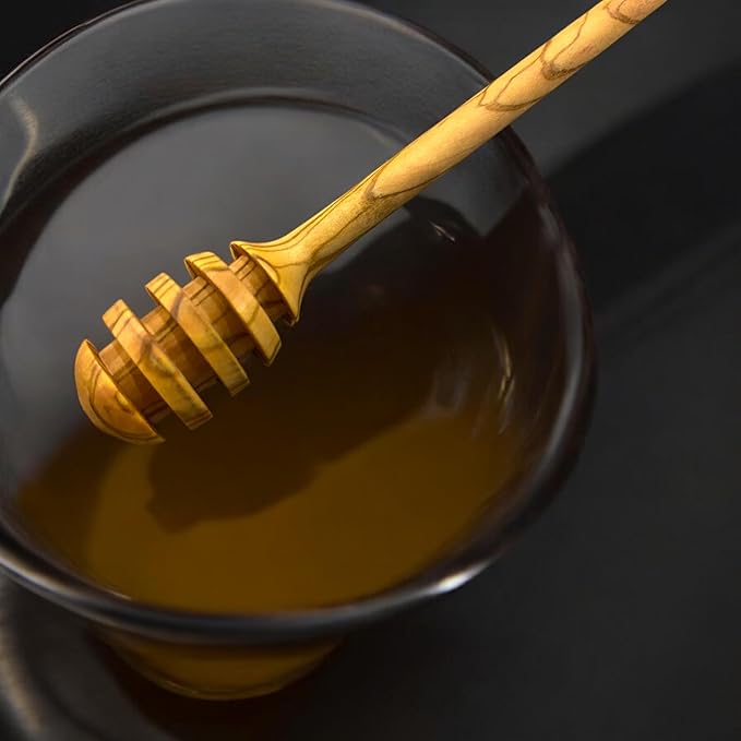 Set of 2 Olive Wood Honey Dippers, 7 Inch – Handcrafted Natural Wooden Honey Server – Food Safe