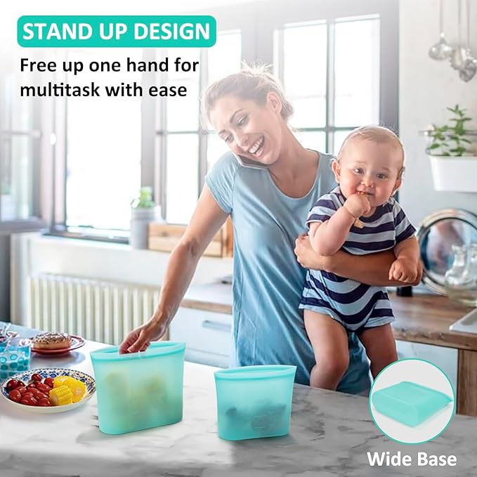Reusable Sandwich & Snack Bags, 8 Pack 100% Silicone Food Storage Bags Stand Up Zip Lock for Food Container, Freezer Microwave Oven Dishwasher Safe, 4 Medium 4 Small, Aqua