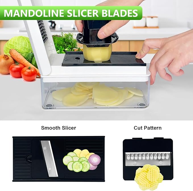 Vegetable Chopper, Onion Chopper Dicer, Mandoline Slicer, Food Chopper with Container, Vegetable Cutter for Salad Potato Carrot Garlic(9 Blades, White Black)