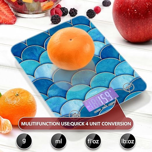 Food Scale Kitchen Digital Scale Food Ounces and Grams Dieting Baking Cooking Waterproof Glass Panels LCD Display,4 Units Scale Tare Function Ripple