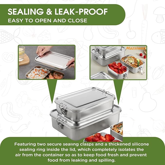 304 Stainless Steel Bento Box,3 Pack Stainless Steel Containers With Lids 2400/1400/850ml,Leak-Proof & Stackable Metal Lunch Box Food Storage Containers for Work Work,Picnic