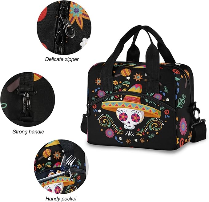 Cinco De Mayo Skull Insulated Lunch Bag Reusable Lunch Tote Bag Cooler Bag for Women Men Adult Lunch Box with Adjustable Shoulder Strap Leakproof Lunch Bag for Work School Picnic Camping