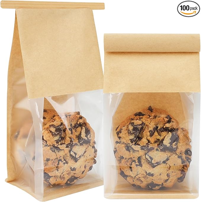 100 Pack Small Bakery Bags with Window, 3.9x3.1x8.2 Inches Tin Tie Tab Lock Cookie Packaging Bag Resealable Paper Treat Bags for Homemade Granola, Popcorn, Candies, Goodies
