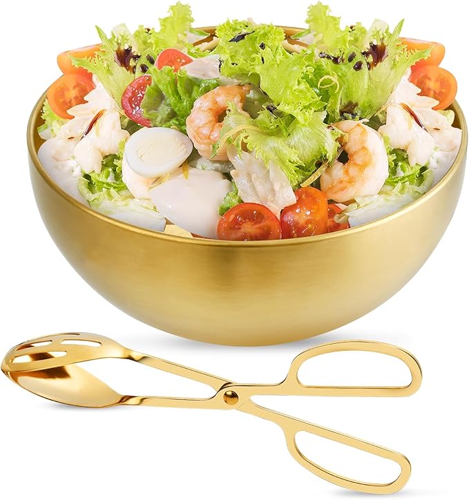 Supkiir Stainless Steel Salad Bowls with Gold Tong, 9.8”×4.5” 51oz Gold Kitchen Mixing Bowl, Large Serving Bowl Nesting Bowls for Mixing Cooking Baking Prepping Salad Soup Fruit