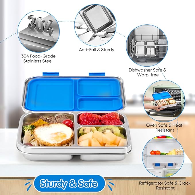 Stainless Steel Bento Box Adult Lunch Box 3 Compartment Metal Lunch Box for Kids Leak Proof Stainless Bento Boxes with Containers for School and Office