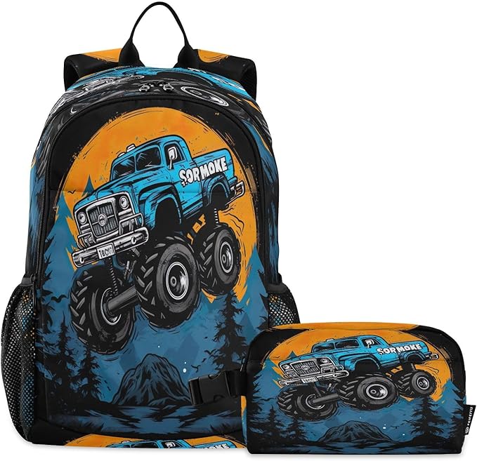 Cartoon Monster Truck Kids Backpack for Girls Boys School Bookbag with Insulated Lunch Box for Elementary Hight School Student Teen Girls Backpacks
