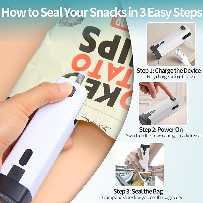 HSLGOVE 3-IN-1 Mini Bag Sealer, Rechargeable Chip Bag Sealer Heat Seal, Built-in Cutter, Flashlight & Magnet, Portable Mini Resealer Machine for Plastic Food Storage Bags Snack Bags-Lightwhite