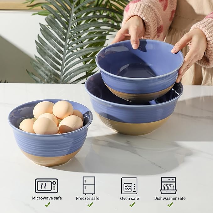 Hasense Ceramic Serving Mixing Bowls Set, 2.1/1.5/1.0 Qt Large Bowls for Cooking, Baking, Prepping, Soup, Stackable Salad Bowls for Kitchen, Holiday Gift, Set of 3, Purple