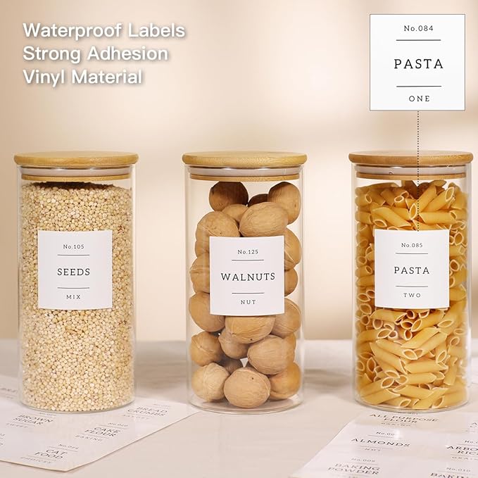 3 Pack Glass Jar with Airtight Bamboo Lid and White 132 Kichen Pantry Labels Preprinted - 44 Oz Clear Tall Glass Food Storage Containers set For Cereal Rice Oat Sugar Tea Coffee Beans