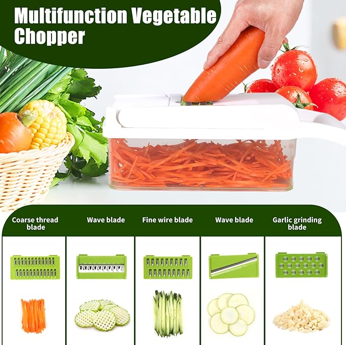 16 in 1 Vegetable Cutter and Mandolin Slicer - versatile food cutter, stainless steel blade, large container and - manual onion, garlic and salad cutter for kitchen use