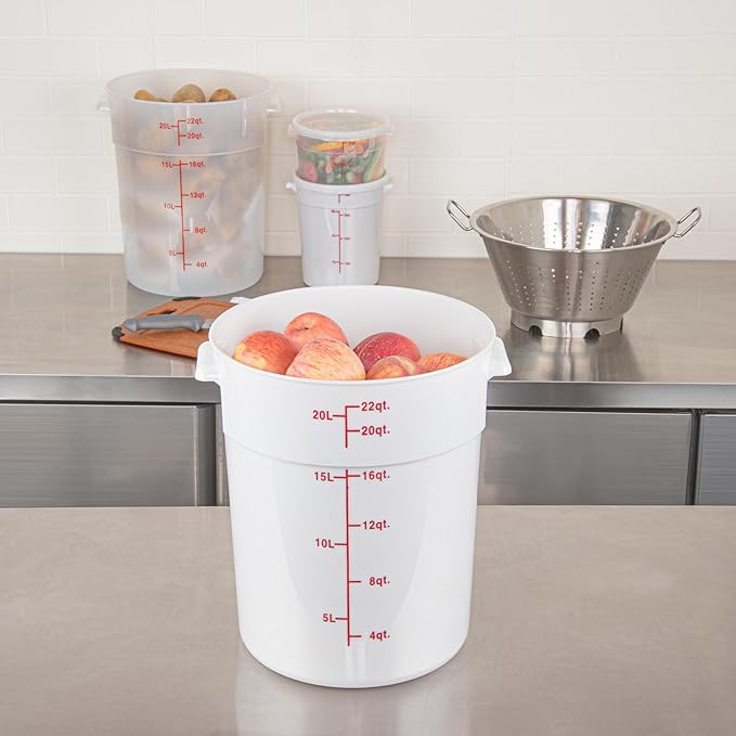 Restaurantware-Met Lux 22 Quart Food Storage Containers, 10 White Storage Containers - Lids Sold Separately, Red Volume Markers, Dishwashable Containers, Side Handles, For Storing Foods