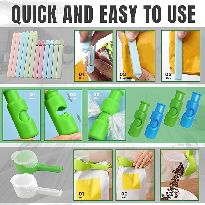 Bag Sealer Clips Mix Pack: 12 Bag Sealer Clips, 4 Squeeze-and-Lock Bread Bag Clips, and 2 Bag Sealing Clips with Pour Spouts – Reusable Food Storage Clips for Airtight Freshness and Spill-Free Storage