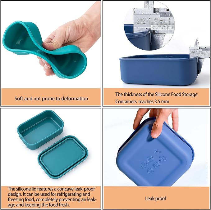 Silicone Food Storage Containers with Lids Set 4 Sizes and Silicone Containers,For Freezing, Bento Boxes, Snack Boxes,Freezer preservation Leak Proof (1, Rectangular)