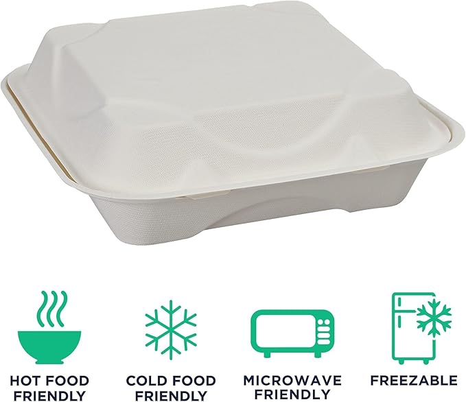 ECO PRODUCTS Compostable Vanguard 9" Clamshell To Go Containers, Case of 200, Square Take Out Food Box, White Renewable Molded Fiber, Grease Resistant, No-Added PFAS, ASTM Compliant, BPI-Certified