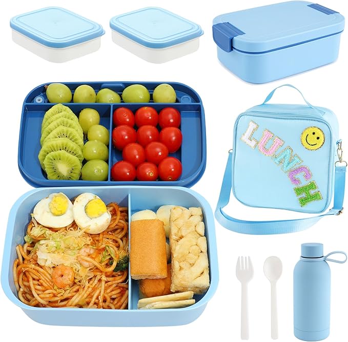 Bento Lunch Box Set for Kids - Blue Nylon insulated Lunch Bag with 12oz Thermos, Leak-Proof Containers, Adjustable Strap, Birthday Gifts for Girls School Travel Picnic (Ages 3-15)