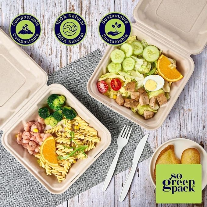 50 Packs Disposable 8x8 Clamshell Take-Out Container Compostable Biodegradable Bagasse & Eco-friendly To Go Container for Food