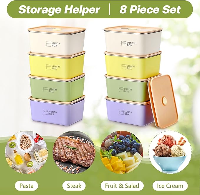 8 Pcs Stainless Steel Food Storage Containers with Lids 20 oz Metal Snack Containers Box for Dishwasher Freezer & Microwave Safe, Stainless Steel Lunch Box for Meal Prep, Leftovers