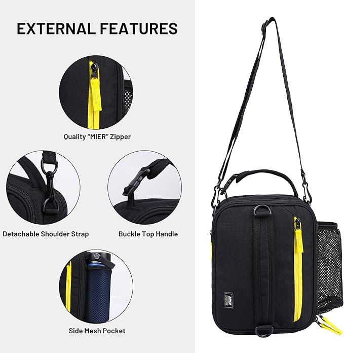 MIER Expandable Lunch Bag Insulated Lunch Box for Men to Work Travel Portable Lunchbox Bags with Shoulder Strap and Water Bottle Holder(Black/Yellow)