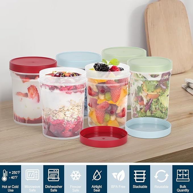 32oz-6 Pack Freezer Food Storage Containers with Lids, Plastic Deli Soup Container BPA Free, Leak Proof, Stackable, Microwave Dishwasher Safe (Red&Green&Blue)