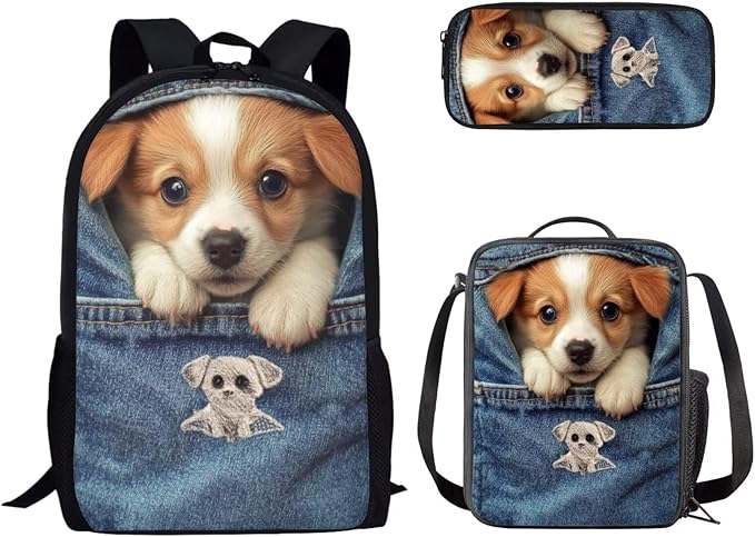 Dolyues Pocket Puppy Kawaii Girls 3-in-1 Backpack Kit: 17 Inch Kids Backpack, Insulated Lunch Bag & Animal Pencil Pouch - Multiple Pockets & Adjustable Straps