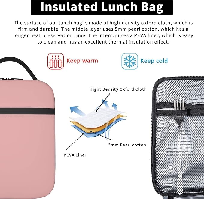 Pink Lunch Bag for Girls Kids Women Washable Thremal Picnic Meal Box for School Office Insulated Cooler Reusable Portable