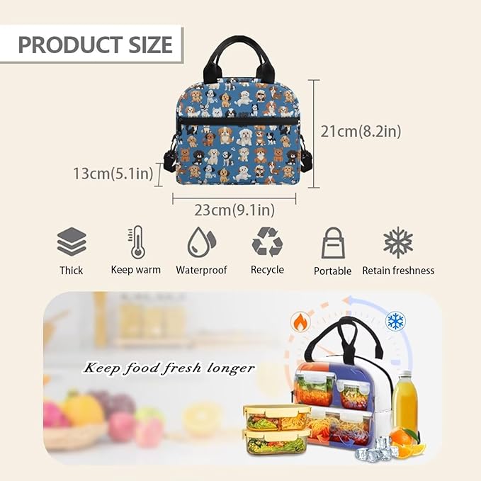 Showudesigns Puppy Dog Lunch Bag for Girls 6-8 8-10 Kids Lunch Box Cute Insulated Lunch Containers with Shoulder Strap Travel Bag Picnic Bags Back to School Office Lunch Tote Kit