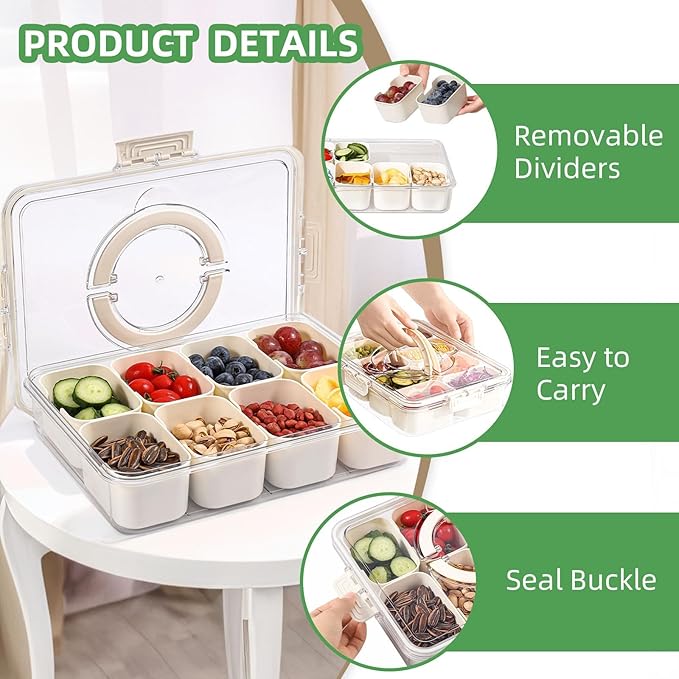 shopwithgreen 2Pcs Divided Serving Tray with Lid and Handle, Portable Snackle Box Snack Containers for Charcuterie, Party, Veggies, Snack, Fruit, Nuts, Candy, Chip, Entertaining, Picnic