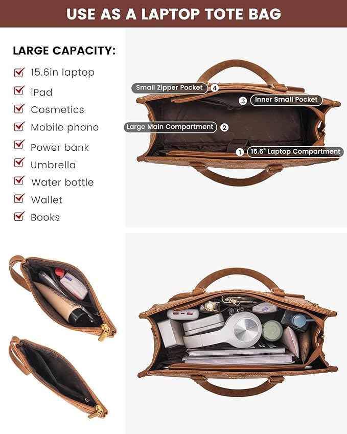 LOVEVOOK Lunch Tote Bag for Women, 15.6 Inch Laptop Bag with Insulated Lunch Compartment, Quilted Large Capacity Computer Handbag with Purse for Business, Work, Office, Casual, Yellowish brown