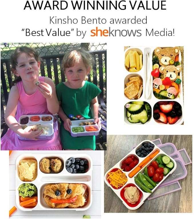kinsho Bento Box for Kids Women - 6 Compartment, Leak-Proof Lunchbox for School, Portion Control & Meal Prep Containers, Reusable, BPA-Free Snack Container - Includes Utensil Set & E-Book, Purple