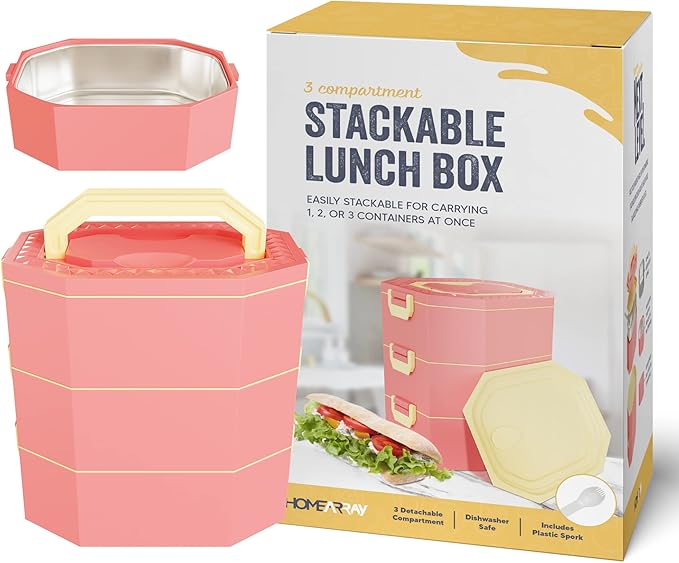 Stainless Steel Stackable Bento Box Adult Lunch Box with Cutlery - Hot/Cold - Separates Ideal Portion Sizes - Reusable Tin Inserts - Dishwasher Safe - Stackable Lunch Container for Adults with Spork