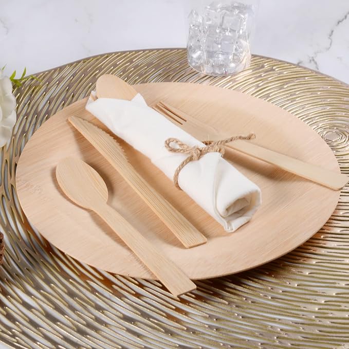 Pre Rolled Napkin and Bamboo Cutlery Set - 50Pack Bamboo Utensils/Compostable Cutlery(50 Forks, 50 Knives, 50 Spoons, 50 Napkins), Biodegradable Wrapped Cutlery for Party, Wedding, Events