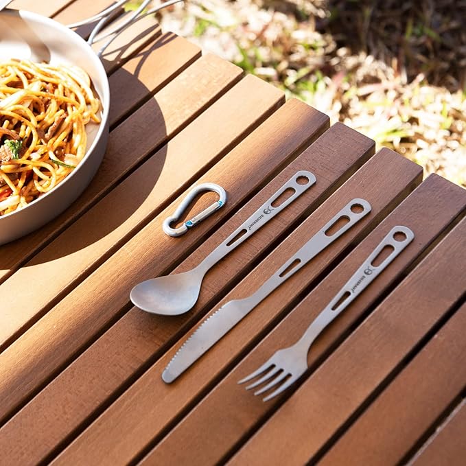 Titanium Camping Flatware, Titanium Spork Spoon Chopsticks Knife Straw Cutlery Set PortableTableware for Lunch Box Outdoor & Hiking, Comes with Drawstring Bag & Carabiner- Sandblasted