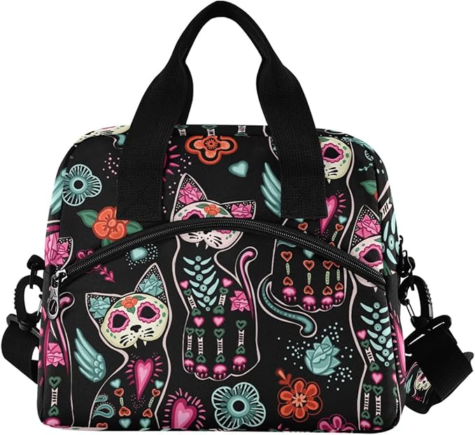Death and Halloween Cats Insulated Lunch Bag Reusable Lunch Tote Bag Cooler Bag for Women Men Adult Lunch Box with Adjustable Shoulder Strap Leakproof Lunch Bag for Work School Picnic Camping
