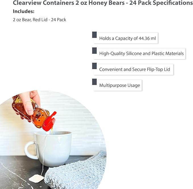 2 Ounce Honey Bears with Sealable Red Screw Top Lid - 24 Pack (2 oz. Bear, 24pk, Red)