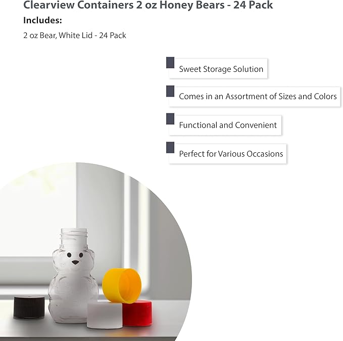 2 Ounce Honey Bears with Sealable White Screw Top Lid - 24 Pack (2 oz. Bear, 24pk, White)