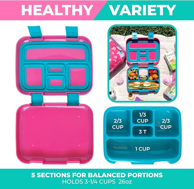 Unicorn Bento Lunch Box for Girls Toddlers, 5 Portion Control Sections, BPA Free Removable Plastic Tray, Pre-School Kid Toddler Girl Daycare Lunches, Snack Container Ages 3 to 7 Pink