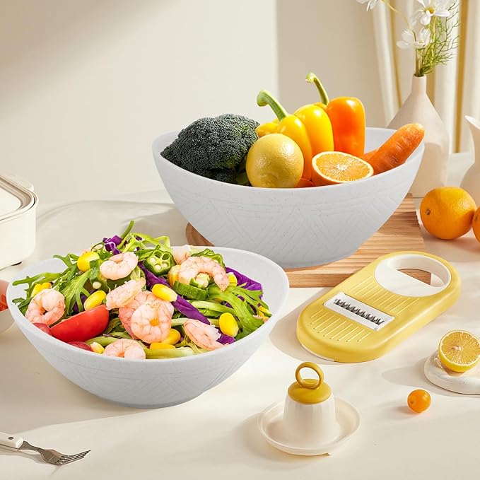 Homienly Serving Bowls Large Salad Bowls Set of 2 - Premium Wheat Straw Bowls Unbreakable Big Bowls for Fruits, Salads, Popcorn, Chips | 60 OZ Large Capacity for Party & Other Events - White