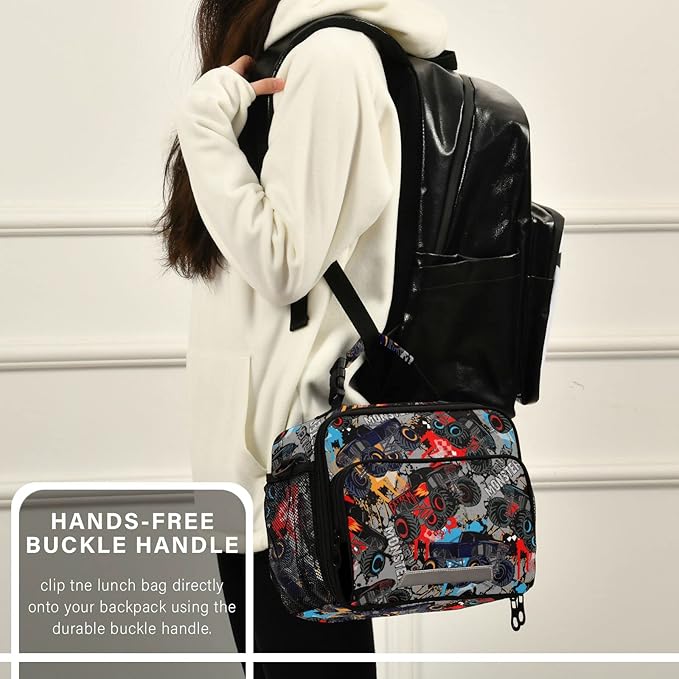 Pfrewn Monster Truck Car Grunge Lunch Box for Kids Adults Insulated Lunch Bag with Shoulder Strap Reusable Cooler Bags Lunch Tote for Office School Girls Boys Teens
