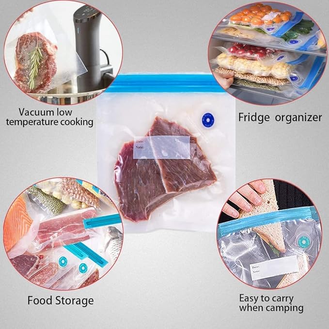 Sous Vide Bags-30pcs Reusable Vacuum Food Storage Bags, with 3 Sizes Vacuum Food Bags,1 Hand Pump,3 Sealing Clips for Food Storage and Sous Vide Cooking