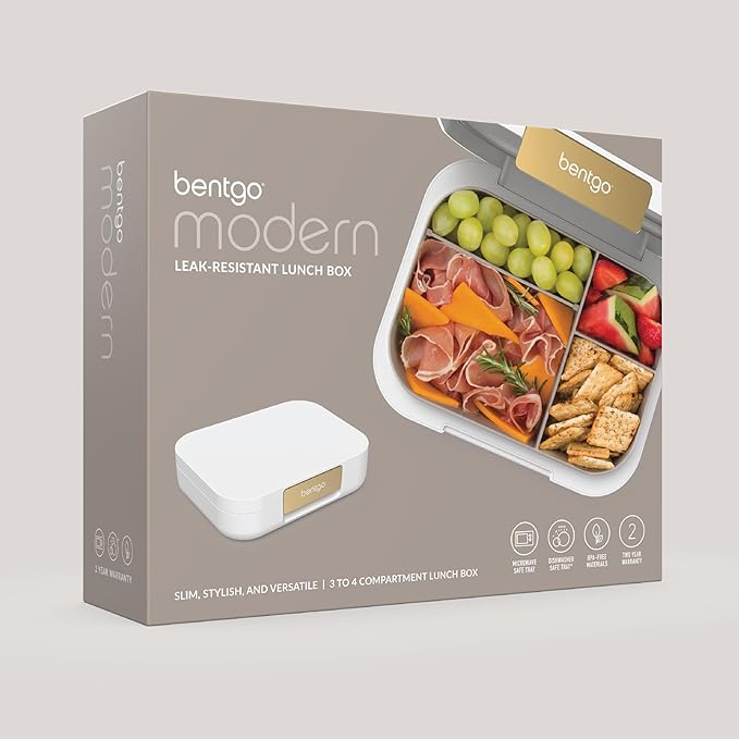 Bentgo Modern - Leak-Resistant Bento Lunch Box For Adults, Teens, & Larger Appetites; Reusable BPA-Free Meal Prep Container with 3 or 4 Compartments, Dishwasher/Microwave Safe; 44oz (White)