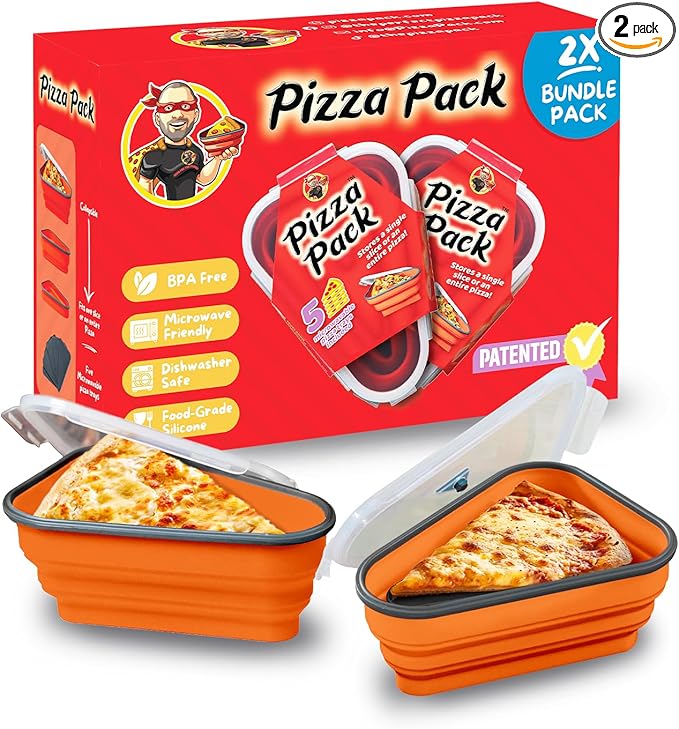 PIZZA PACK The Perfect Reusable Pizza Storage Container with 5 Microwavable Serving Trays - BPA-Free Adjustable Pizza Slice Container to Organize & Save Space, Orange 2 pk