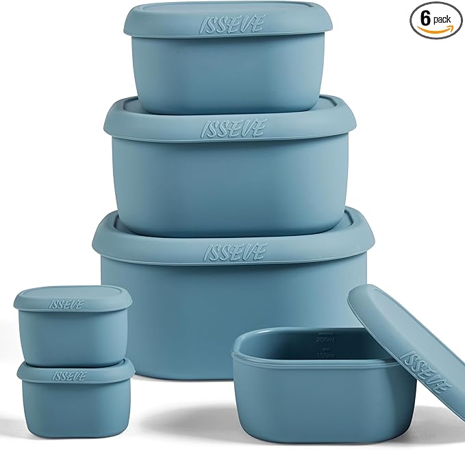 ISSEVE 6Pcs/Set Nesting Silicone Food Storage Containers with Lids, BPA Free Reusable Meal Prep Silicone Containers Lunch Box Bento Box Set (33.8oz, 20oz, 10oz, 6.7oz, 1.3oz) (Blue)