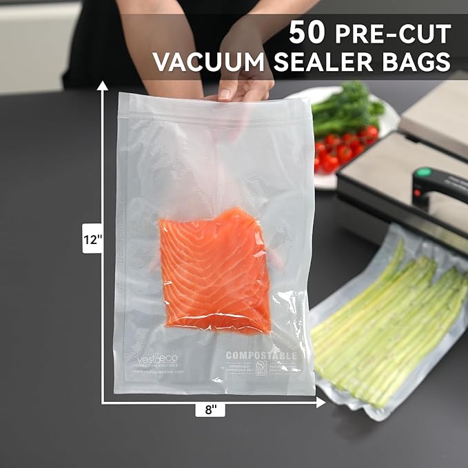 VestaEco Compostable Vacuum Sealer Bags, 8" x 12" 50 Count, Eco-Friendly, Heavy-Duty Food Storage Bags, BPA-Free, for Storage, Meal Prep or Sous Vide