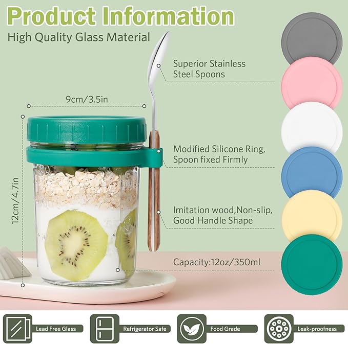 Overnight Oats Jars with Spoons - 16 Oz Glass Jars with Lids - 6pack Yogurt Containers for Overnight Oats, Meal Prep, Yogurt, Chia Pudding, Salad, Fruit