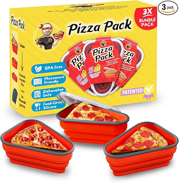 PIZZA PACK The Perfect Reusable Pizza Storage Container with 5 Microwavable Serving Trays - BPA-Free Adjustable Pizza Slice Container to Organize & Save Space, 3 Pack, Red