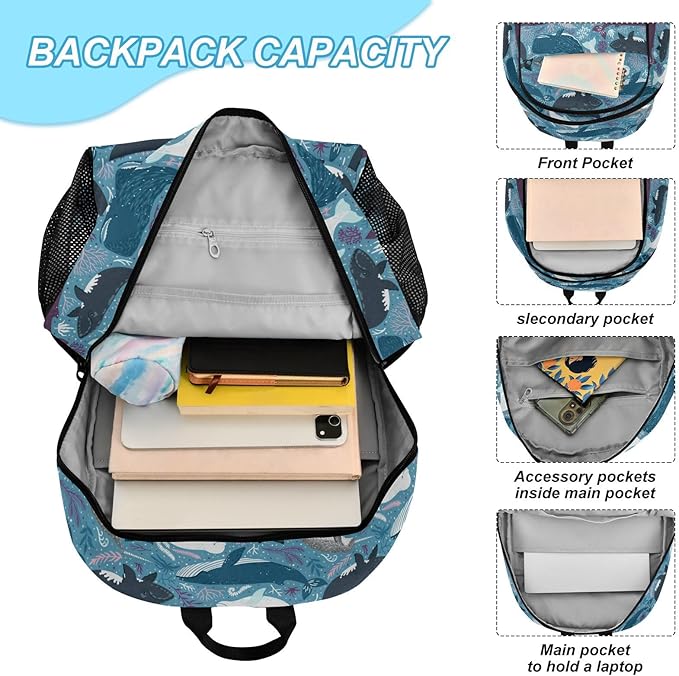 Marine Whales Kids Backpack for Girls Boys School Bookbag with Insulated Lunch Box for Elementary Students Middle School Teen Girls Backpacks
